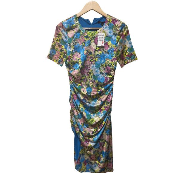 Black Halo Delina Print Ruched Midi Sheath Dress size 8 New with Tags - Picture 8 of 10